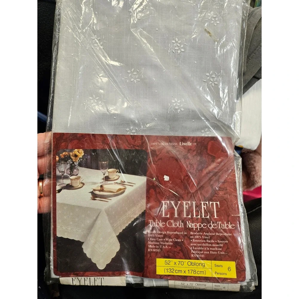 Vintage Linelle Eyelet Vinyl Tablecloth light gray Oblong 52x70 Scalloped USA